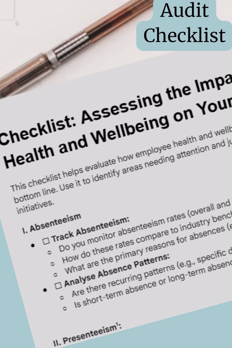 Top part of a workplace health audit sheet with a pen