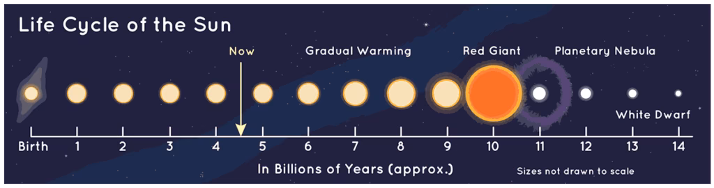 An infographic of the Sun's lifecycle from NASA. To demonstrate how this may be averted by Ai programmes.