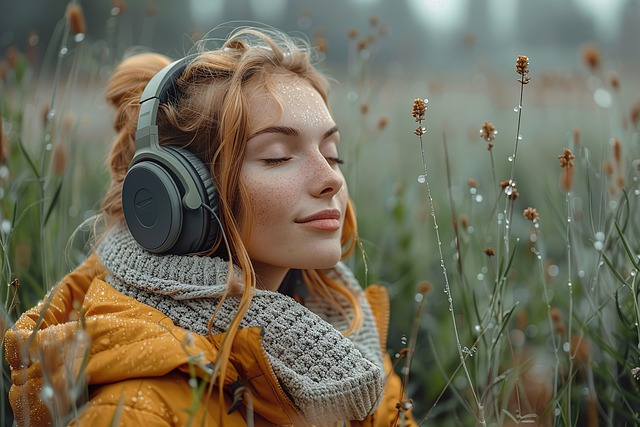 A woman wearing headphones, eyes shut, doing her daily meditation in a flower field