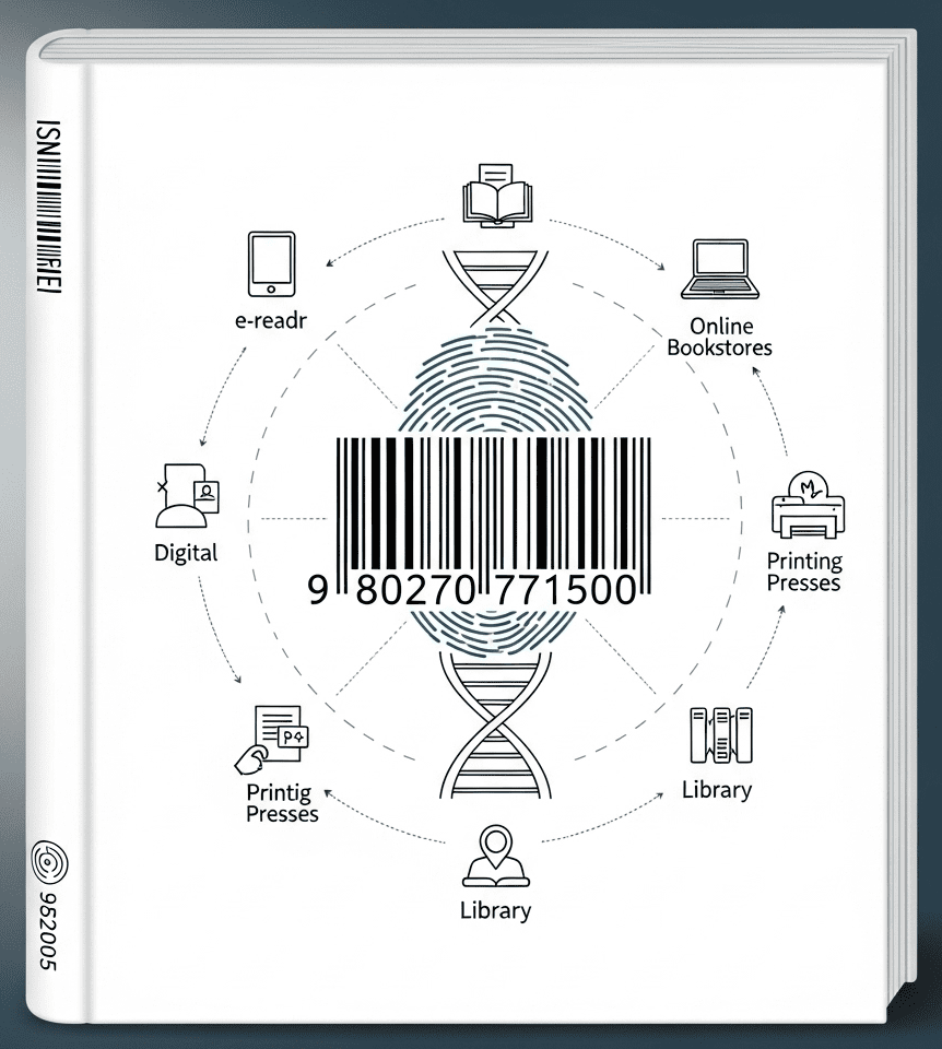 an infographic for an isbn showing how and where it is used such as library, readers etc