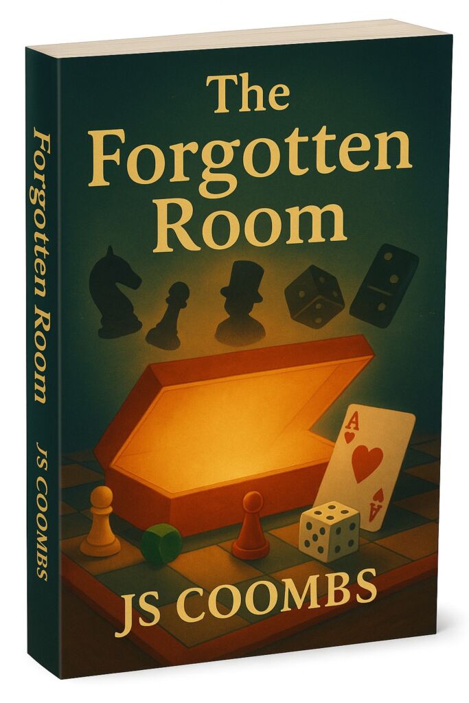 An open box with light streaming at the shadowy images of games pieces, like pawns and Dr Black against a dark background representing a forgotten room