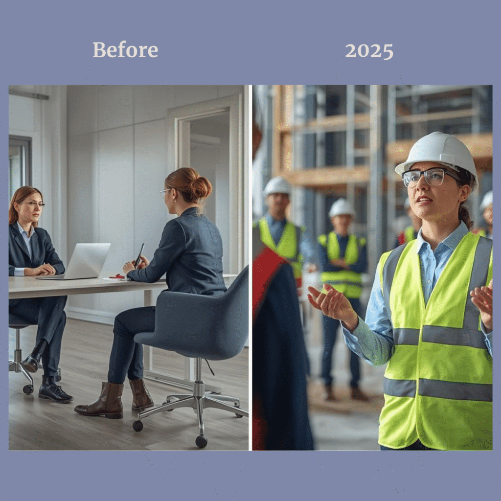 a before and after image of an occupational health adviser firstly in an office and interviewing a patient and after: showing the same person out doing a talk to construction workers about health matters
