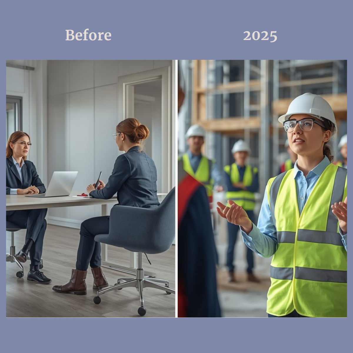 a before and after image of an occupational health adviser firstly in an office and interviewing a patient and after: showing the same person out doing a talk to construction workers about health matters