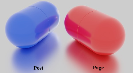 Blue and a red capsule to symbolise choice of post or page for SEO on a WordPress site