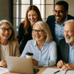 a joyful, group with older workers together over a shared work project.