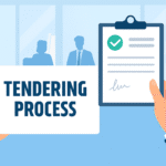 A hand holding a clipboard and the other an envelope saying tendering process
