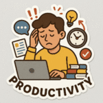 A cartoon man sitting at a laptop holding his head and frowning, productivity is written on his desk.