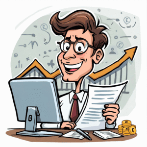 cartoon of a manager looking at spreadsheets and seeing his profits rise showing he is saving money on occupational health services